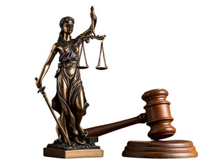 Brown justice statue with scale and wooden gavel  