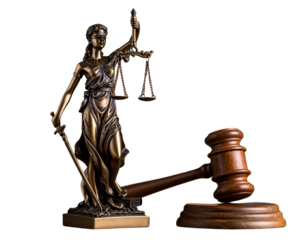 Brown justice statue with scale and wooden gavel  