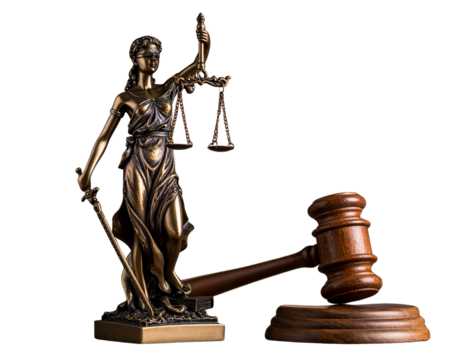 Brown justice statue with scale and wooden gavel  