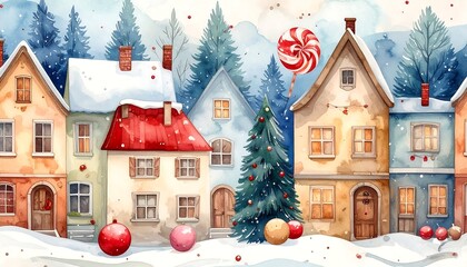 Watercolor winter village scene