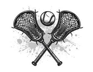 Two lacrosse sticks crossed, baseball in between, grunge-style background