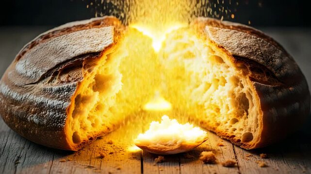 Conceptual rustic bread loaf glowing with warm golden light inside, symbol of warmth and creativity.