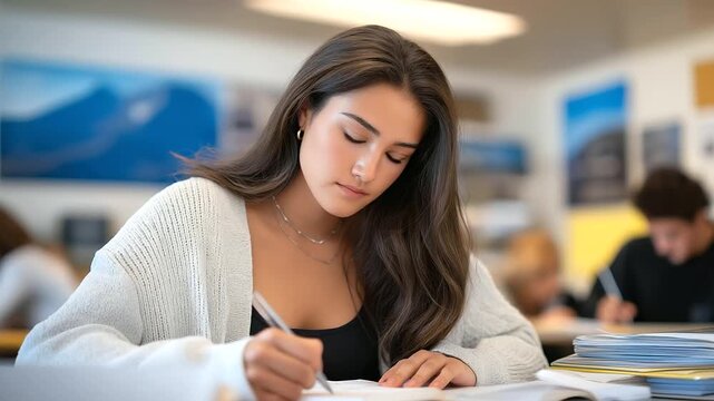 A sophomore writes poetry for a creative writing class in a classroom with notebooks open pens scratching inspirational quotes on walls and a teacher giving feedback rendered