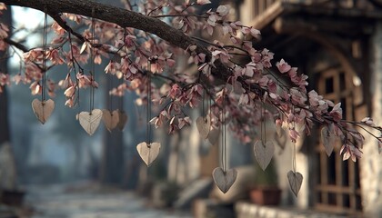 Paper hearts hanging from branches, swaying in the breeze.