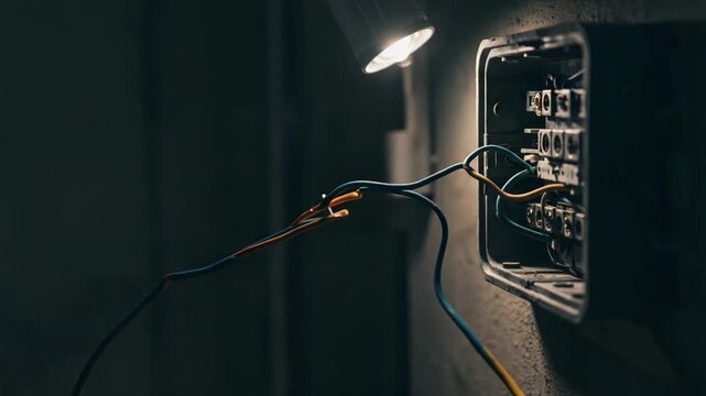 Electrical Work: Sparks Flying as Electrician Cuts Wires in Junction Box Under Spotlight