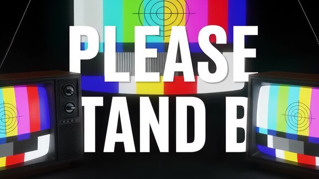 Backgorund of two vintage televisions displaying a test pattern with the word please in front of a test card background