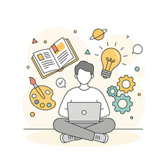 Illustration of a person working on a laptop with creative elements around