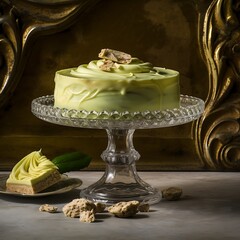 Elegant pistachio cake with frosting and crumble displayed on a glass stand perfect for dessert menus and bakery promotions