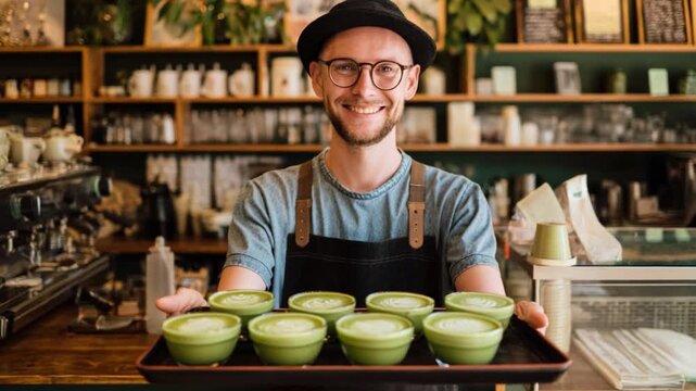 Smiling cafe owner serves Matcha: A smiling cafe owner, complete with glasses, a hat, and apron, enthusiastically presents a tray of freshly made Matcha lattes.