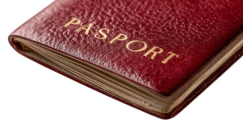 Fototapeta premium Red leather passport detail. Travel, immigration, journey concept.
