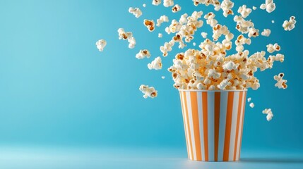 Popcorn explosion in striped bucket on blue background