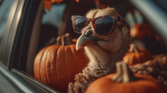 A turkey with sunglasses in a car surrounded by pumpkins ready for thanksgiving travel time