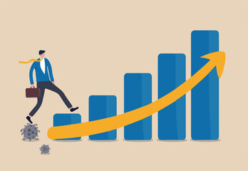 Economic recovery after Coronavirus COVID-19 crisis, post pandemic concept, working businessman investor or company leader walking on Coronavirus pathogen to growing up economic bar graph arrow up.