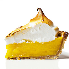 A slice of lemon meringue pie with a golden-brown toasted meringue topping and a bright yellow custard filling.