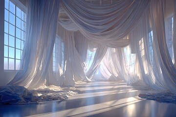 Sunlight is streaming through large white curtains draped across an empty room with large windows, creating a dreamy and ethereal atmosphere