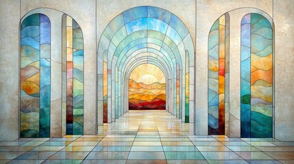 A vibrant, stained glass corridor featuring arched windows, colorful patterns, and a scenic backdrop of mountains and a sunrise.