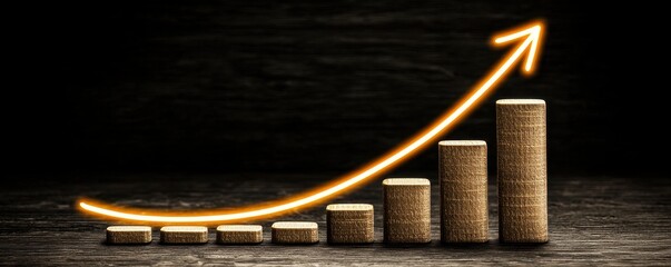 A stylized graph with upward trends represented by wooden bars, symbolizing growth, success, and progress on a dark textured background.
