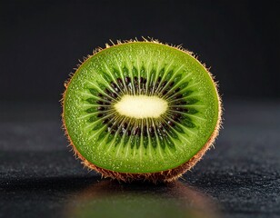 Fresh Kiwi Fruit with Green Flesh and Black Seeds Isolated on Dark Background for Exotic Tropical Fruit Object and Healthy Nutrition Concept