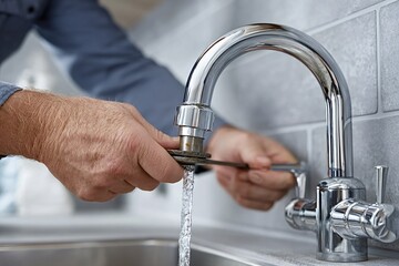 Close up of plumber's hands gripping a wrench, fixing a dripping faucet while water flows, highlighting the essential skills involved in home repair and maintenance tasks