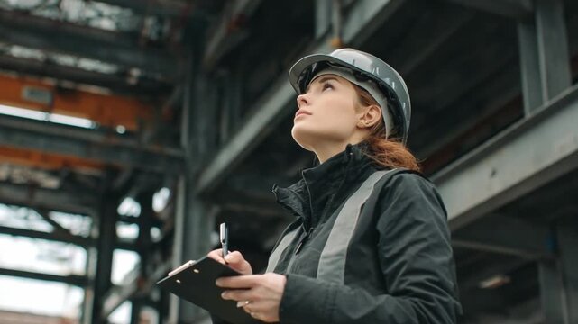 Woman Engineer on Site: A focused woman engineer inspects a construction site.
