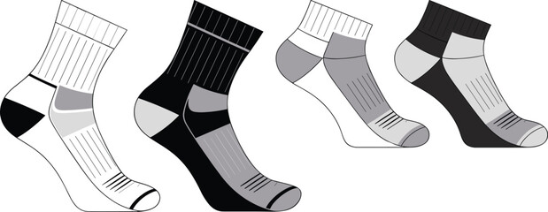 Grayscale athletic socks front view, white black gray design, ribbed cuff, reinforced heel toe, arch support, sport fashion illustration