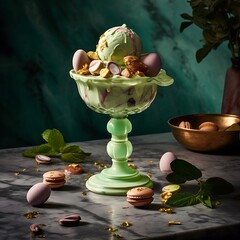 Pistachio Ice Cream Sundae with Macarons and Chocolate Eggs