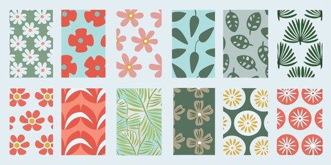 Collection of twelve seamless floral and leaf patterns in a variety of colors and styles