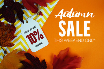 Autumn Sale 10% Off with Price Tag and maple leaf decorated on orange background