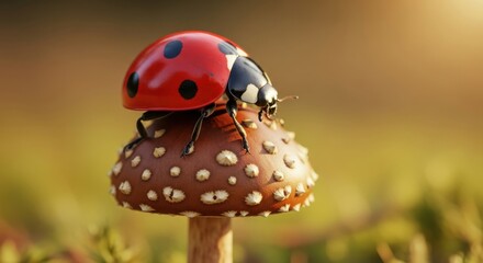 Close Up Macro Shot of a Red Ladybug Resting on a Brown Mushroom