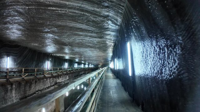 Transylvania, Romania, Aug 12, 2025: Illuminated glass walkways enhancing the vast caverns of Salina Turda salt mine, a stunning historical landmark in Transylvania