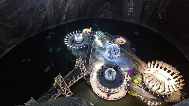 Transylvania, Romania, Aug 12,2025:Tourists are enjoying a boat trip in the illuminated underground salt lake at Salina Turda salt mine in Transylvania, Romania, a popular travel destination TIMELAPSE