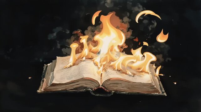 Book on fire Literature Information Censorship Conflict Protest History Redacted Wisdom Repression Banned Education Watercolor Illustration