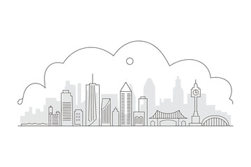 Obraz premium Minimalist City Skyline Illustration with Cloud Outline and Geometric Shapes Capturing Urban Architecture and Modern Design