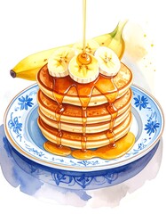 Stacked pancakes, drizzled with honey, and topped with banana slices on a decorative plate