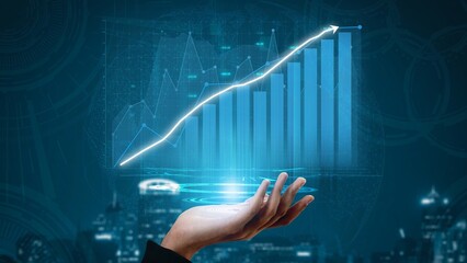 A hand presents a digital bar graph illustrating growth within an abstract data visualization...
