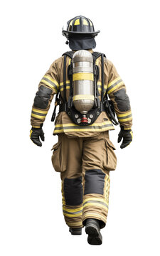 This image shows a firefighter from a rear perspective, walking away, dressed in full protective gear including a helmet, bunker coat, and air tank.