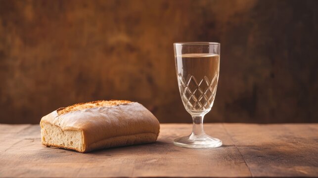 Bread and white wine on rustic table - Powered by Adobe