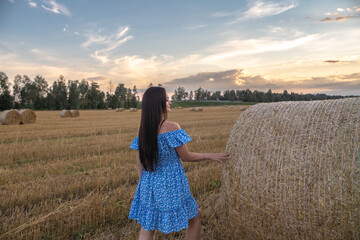 Portrait of a young beautiful dark-haired girl in a summer dress in a village field among bales of...