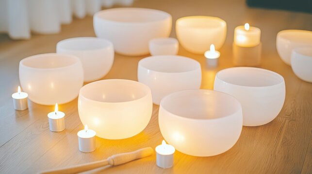 Crystal singing bowls with candles for sound healing
