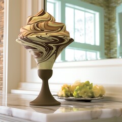 Decorative swirl vase with a chocolate and vanilla pattern standing on a marble countertop next to a silver plate of appetizers