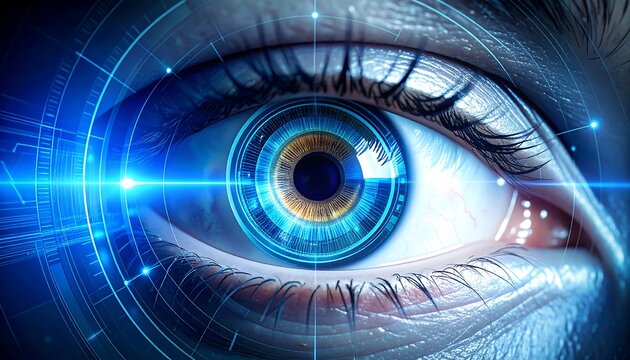 Close-up of an eye with futuristic technology overlay