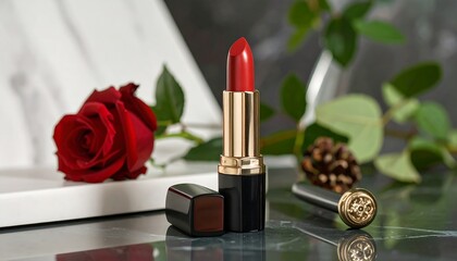 Red lipstick, rose, and decorative elements on a marble surface