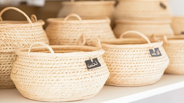 Woven storage baskets on white shelf