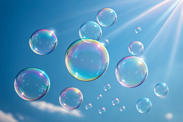 “Floating Soap Bubbles in Blue Sky – Concept of Light, Optics, and Playful Outdoor Scene”