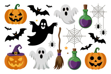 Halloween Cartoon Elements with Pumpkin Ghost Bat and Spider Potion png isolated cutout background