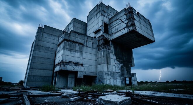 Abandoned brutalist concrete building under stormy skies.