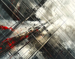 Abstract urban architectural design with intersecting lines, grayscale colors, and splashes of red