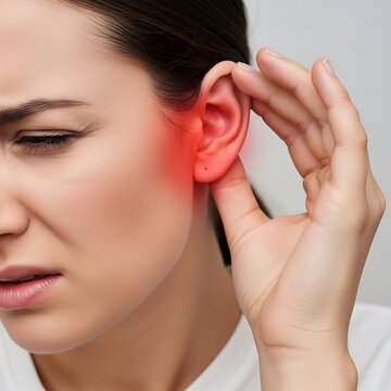 Close-up of a woman experiencing ear pain, with highlighted redness around the earlobe, suggesting potential discomfort or inflammation.