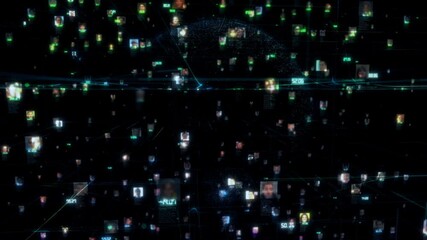 big data concept with social network connecting people portraits linked by blue lines on the background of the planet model, 3d rendering 4K video. - Powered by Adobe
