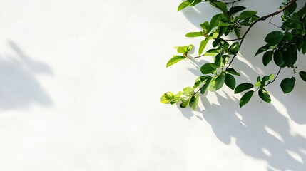 Green leaves on white wall minimalist nature background